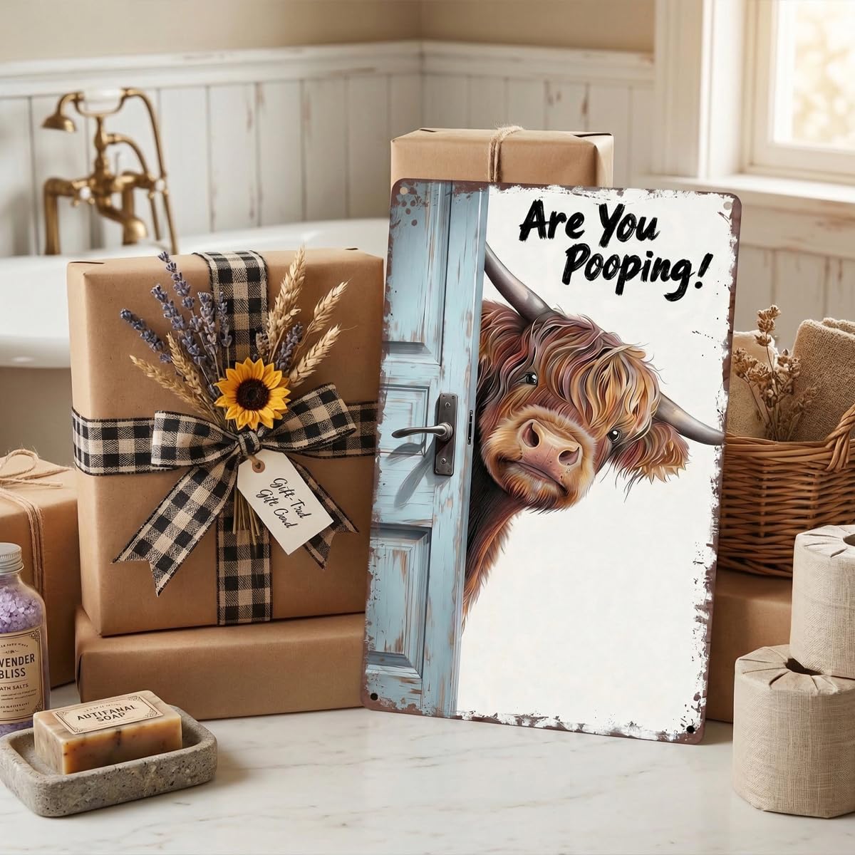 Funny Highland Cow Bathroom Sign - "Are You Pooping" Metal Tin Wall Art - Rustic Farmhouse Restroom Decor, Gag Gifts 8x12 Inch（26002）