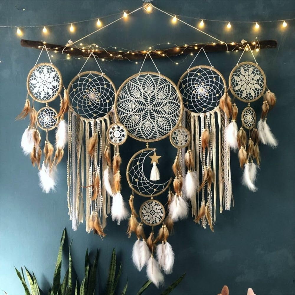 5 Pack Moon Phase Dreamcatcher Set Boho Wall Decor, Boho Macrame Wall Hanging Dream Catchers, for Home, Bedroom, Living Room, Witchy Gifts (Camel)