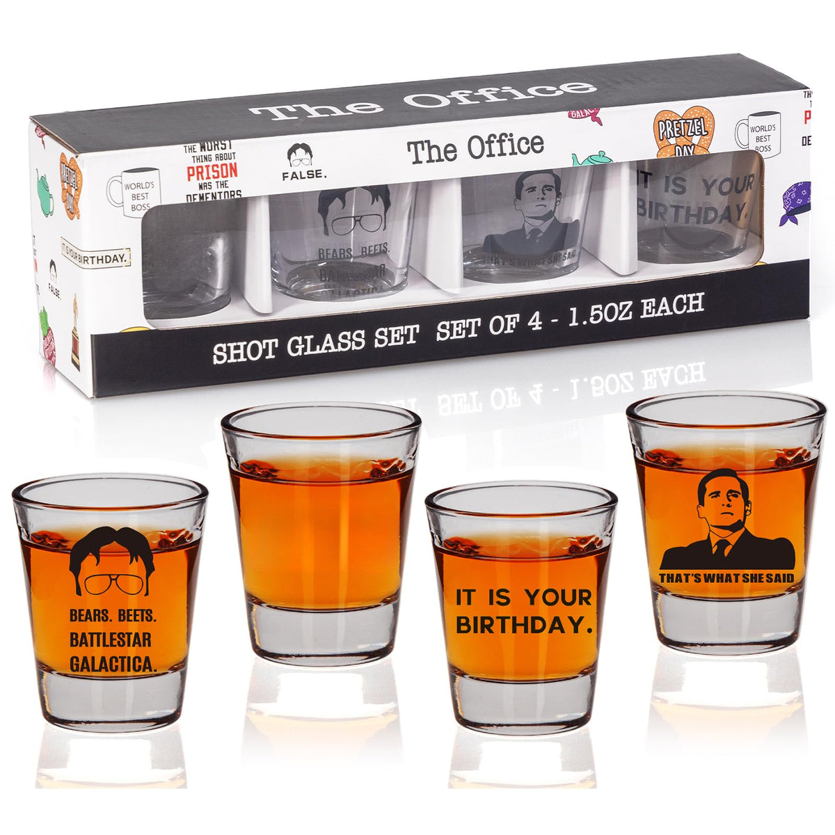 PuGez The Office Shot Glass Gift Set of 4, TV Show Merchandise, Keepsake for Fans Lovers, Birthday Presents for Men/Women,1.5 oz
