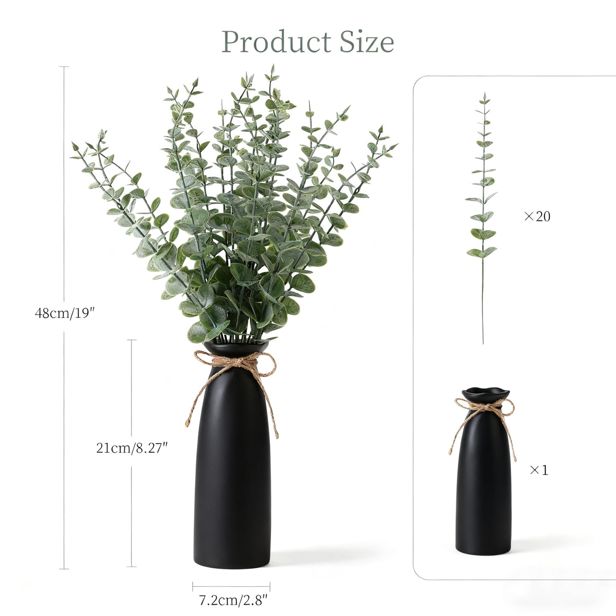 Shanranplus Vase with Greenery, 20pcs Artificial Eucalyptus Stems in Black Vase, Fake Plant Home Decor, 19" Decorative Faux Plants for Home Farmhouse Mantle Centerpiece Decor