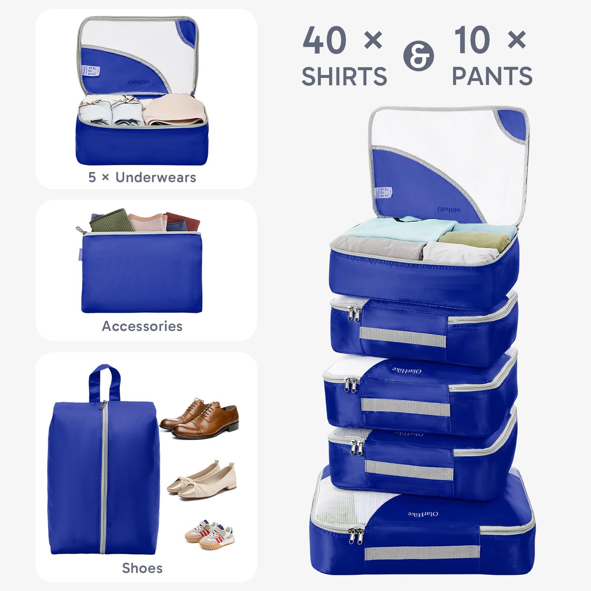 ALL INCLUDED 10 Set Durable Packing Cubes for Suitcases,OlarHike Essentials for Travel, UPGRADED Anti-Tear Stitching, NEW Improved Luggage Packing Organizers for Travel Accessories (Klein Blue)