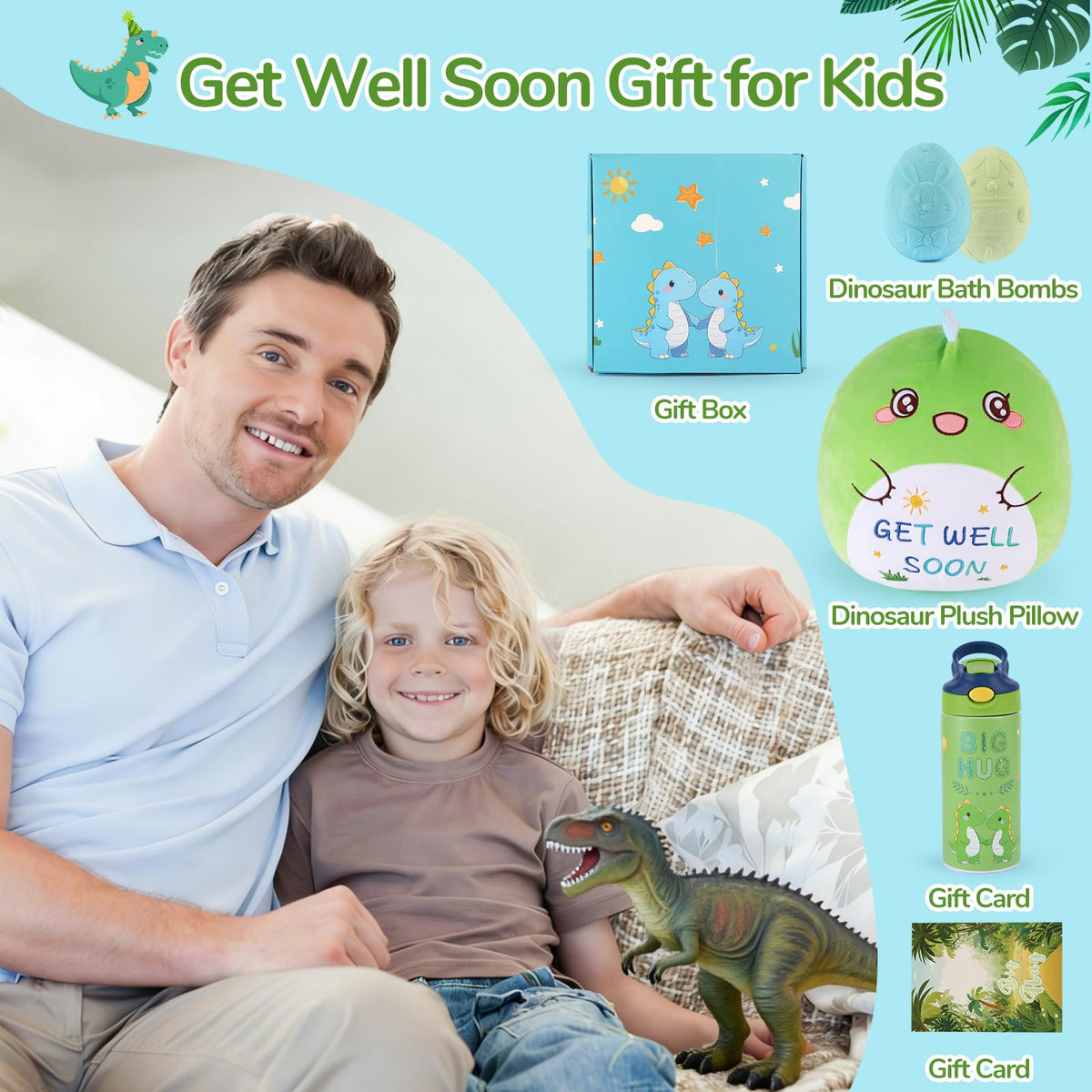 Get Well Soon Gift for Kids, Feel Better Gifts for Kids Boys, Dinosaur Stainless Steel Vacuum Tumbler & 12'' Get Well Soon Unicorn Plush Pillow, After Surgery Gifts for Boy (Dinosaur)