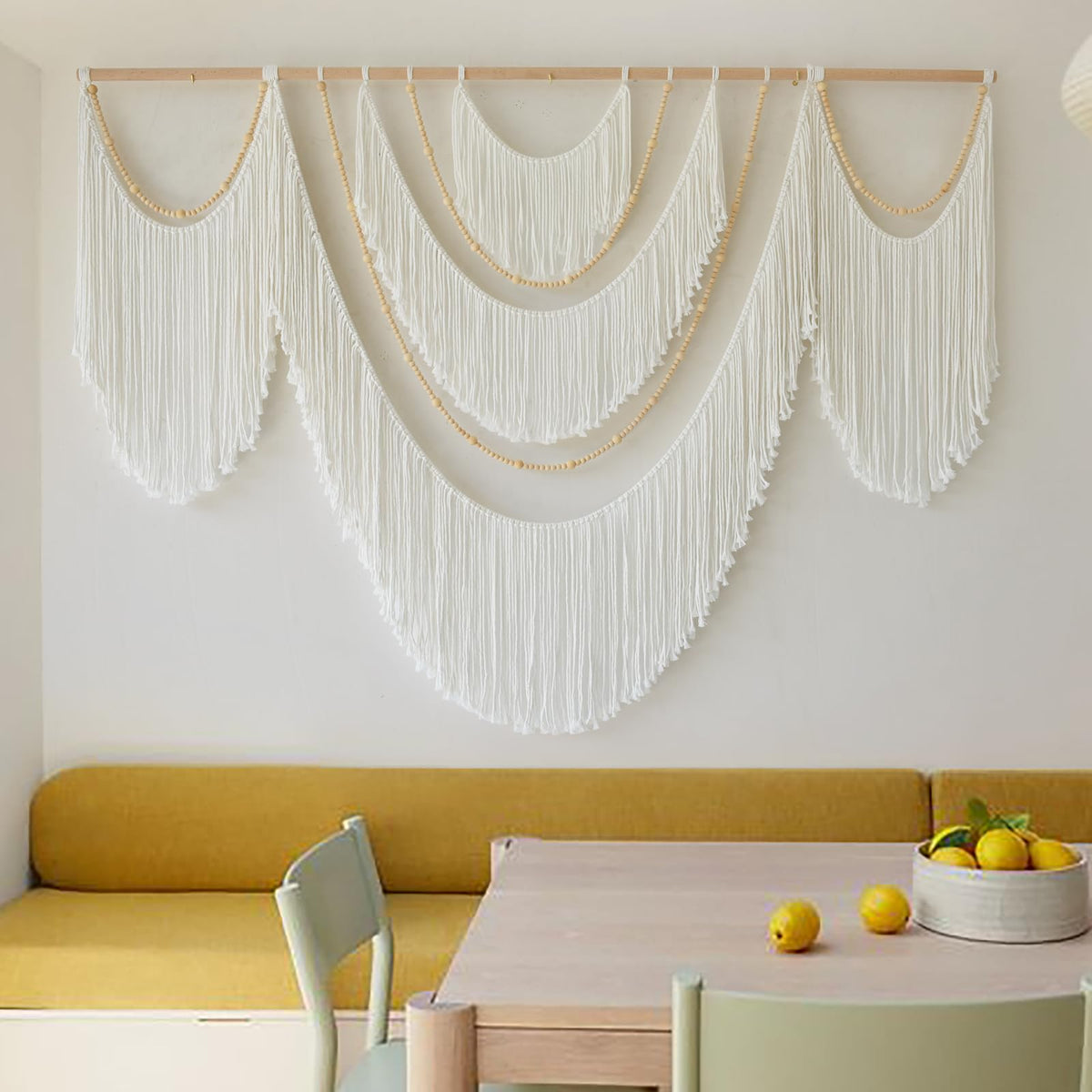 Flber Large Macrame Wall Hanging – Boho Yarn Art Garland with Tassels and Beads, Handmade Rope Decor for Nursery, Party, Wedding, Bedroom, Fireplace Mantel, or Photo Backdrop 57" W x 41" L