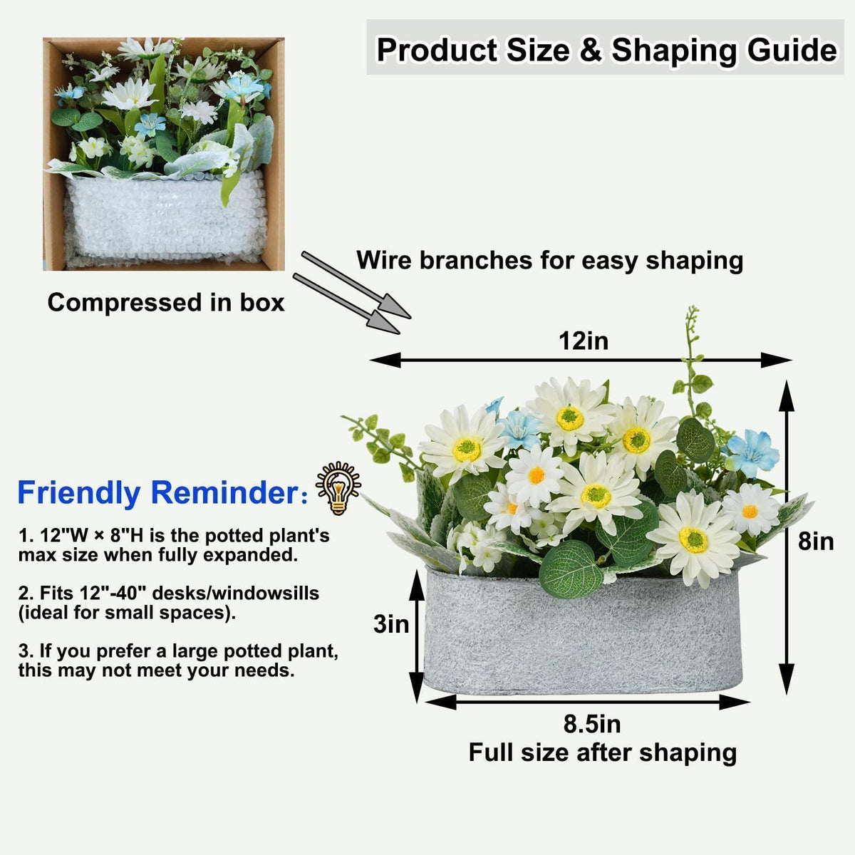 ZKIEIRE Floral Centerpieces for Tables, 12 Inch Small Artificial Flowers in Metal Pot with White Daisy Arrangement, Farmhouse Fake Potted Faux Plant for Spring Summer All Season Indoor Outdoor Decor