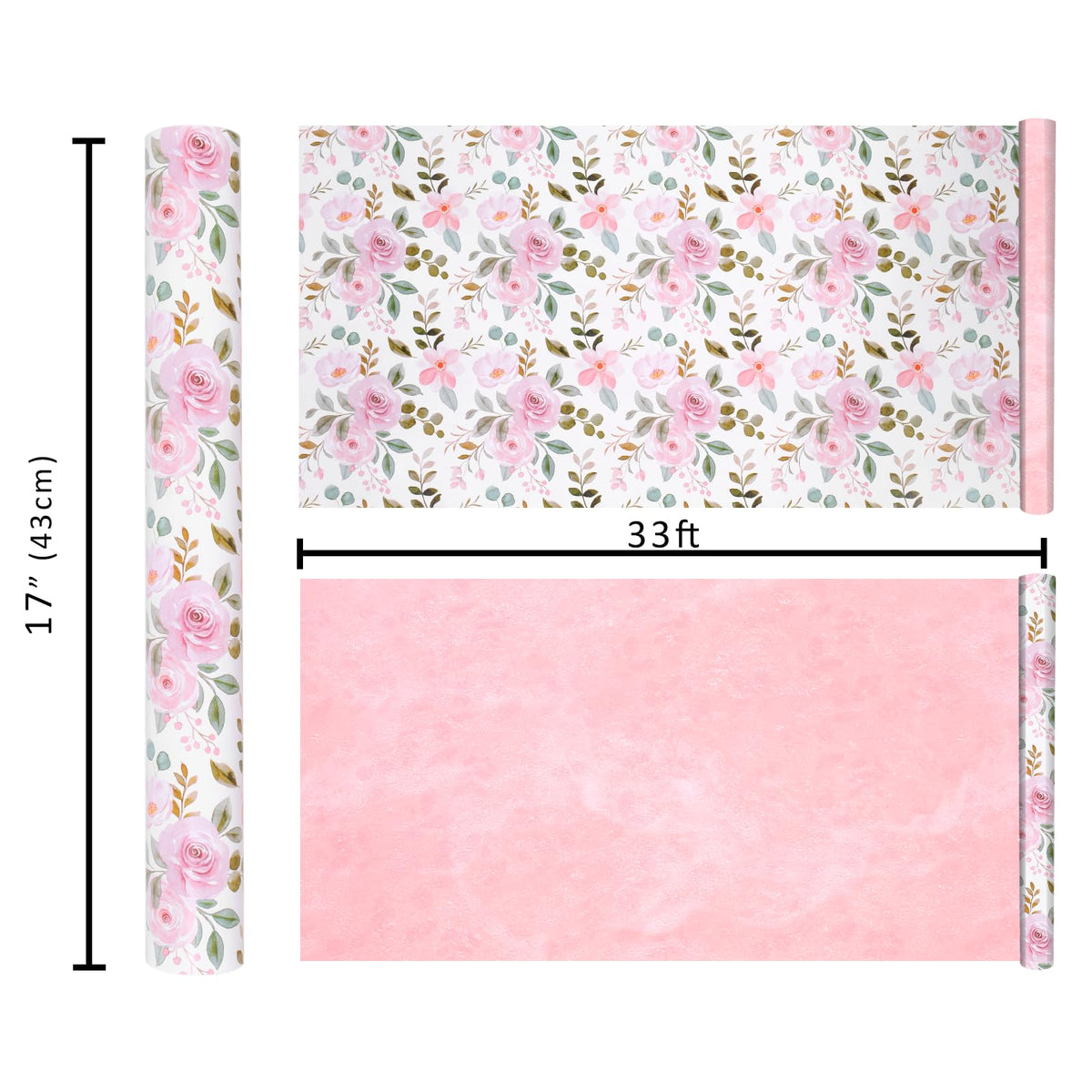 BIOBROWN Reversible Floral Wrapping Paper Roll - 17 Inches X 33 Feet (47 sq. ft. ttl.) Pink Watercolor Roses Design Flower Gift Wrap for Mother's Day, Wedding, Bridal Shower, Valentine's Day