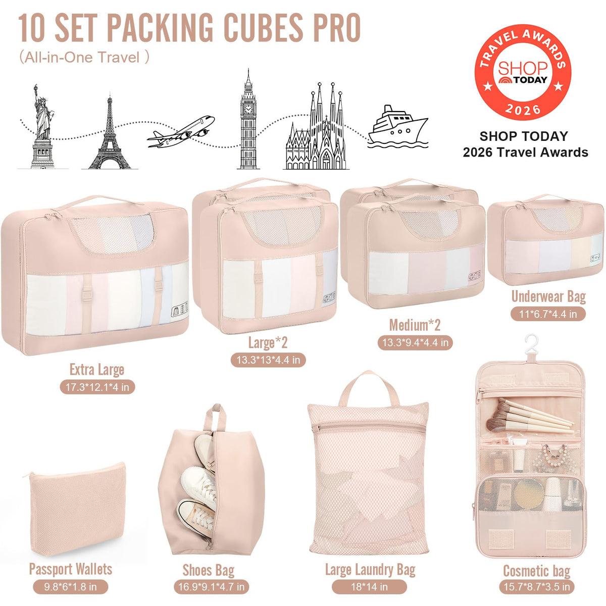 Veken 10 Set Packing Cubes for Travel, Beach Vacation Essentials Accessories for Cruise Ship, Suitcase Organizer Bags for Luggage with Hanging Toiletry & Shoe Bag, Birthday Gifts for Women Mom Her