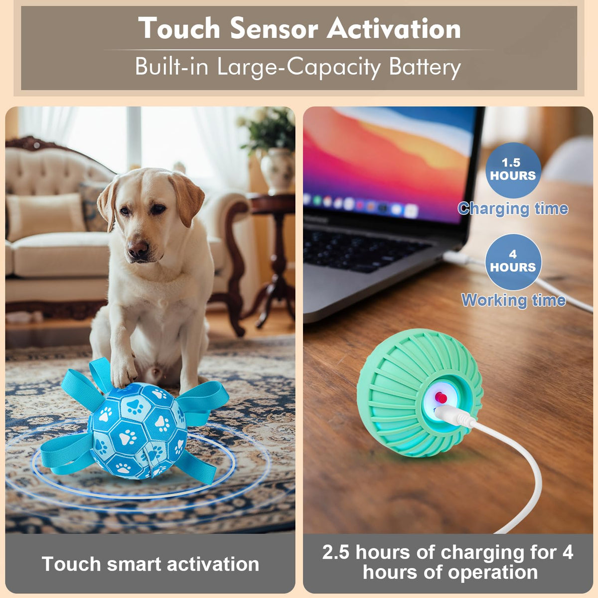 Qraxond Interactive Dog Toys Dog Soccer Ball to Keep Them Busy,Durable Automatic Moving Jumping Dog Balls with Straps for Small/Medium/Large Dogs, USB Rechargeable,Not for Aggressive Chewers