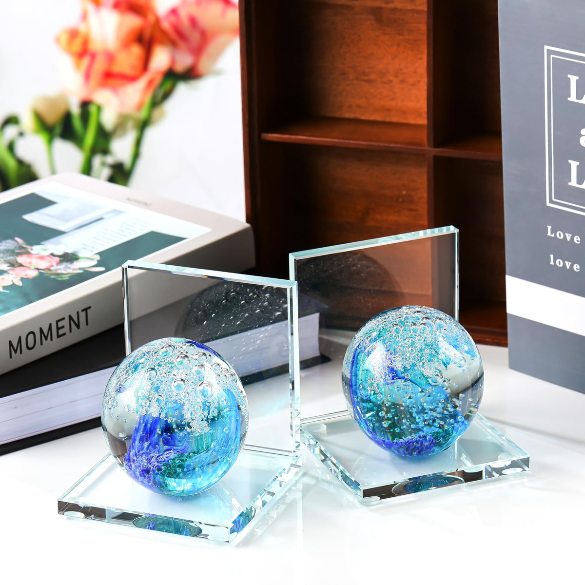 Arikyrist 1 Pair Crystal Bookends for Heavy Books with Hand Blown Ocean Waves Ball Glass Decorative Non Skid Bookends for Bookshelf Office Home (Dark Blue and Dark Green)