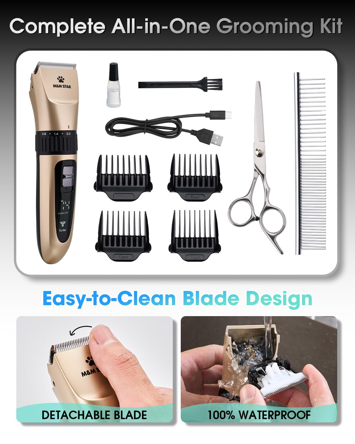 M&M STAR Dog Grooming Kit, Low Noise Dog Clippers, 2-Speed IPX7 Waterproof, Rechargeable Cordless Pet Hair Clippers Trimmer Shaver with LED Display for Small Large Dogs Cats, Gold