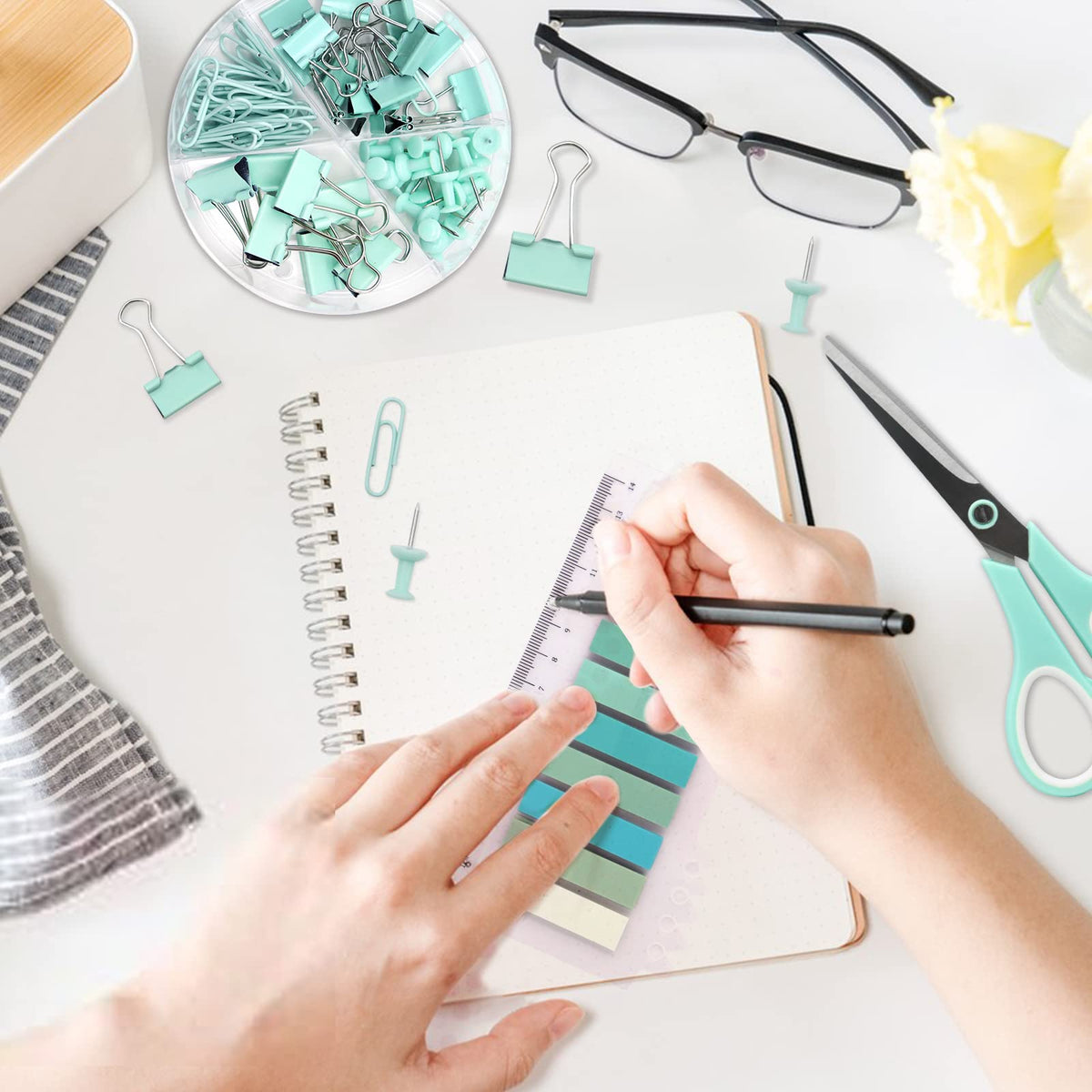 Green Office Supplies,UPIHO Teal Desk Accessories,Stapler and Tape Dispenser Set for Women with Stapler,Tape Dispenser,Staple Remover, Staples, Clips, Scissor and Tabs for Students, Office Clerks