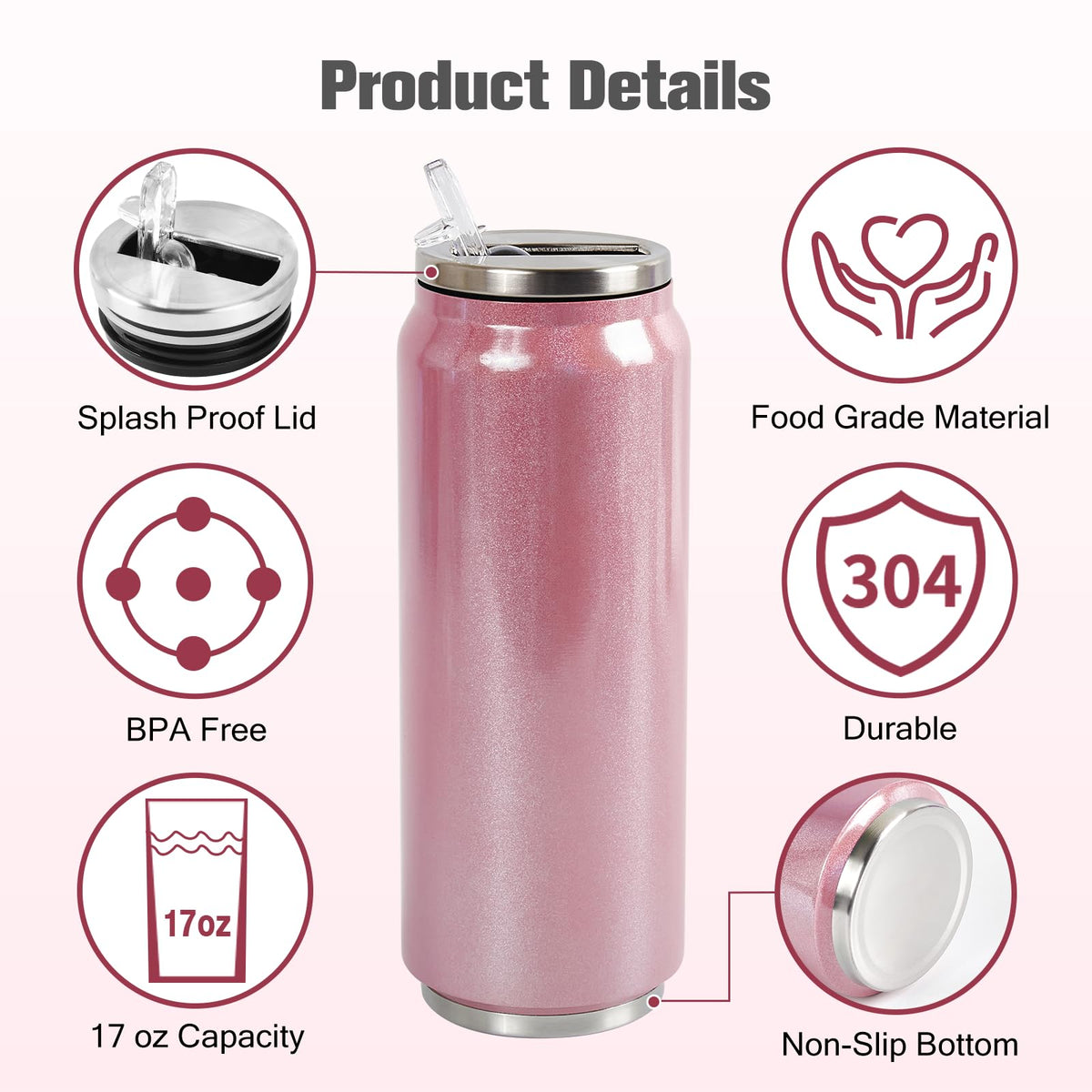 ColorSub 17 oz Sublimation Glitter Tumblers Cans, Stainless Steel Sublimation Blanks Tumblers, Double Wall Insulated Cups Set with Lid, Straw, Gift Box, 6 Pack Pink