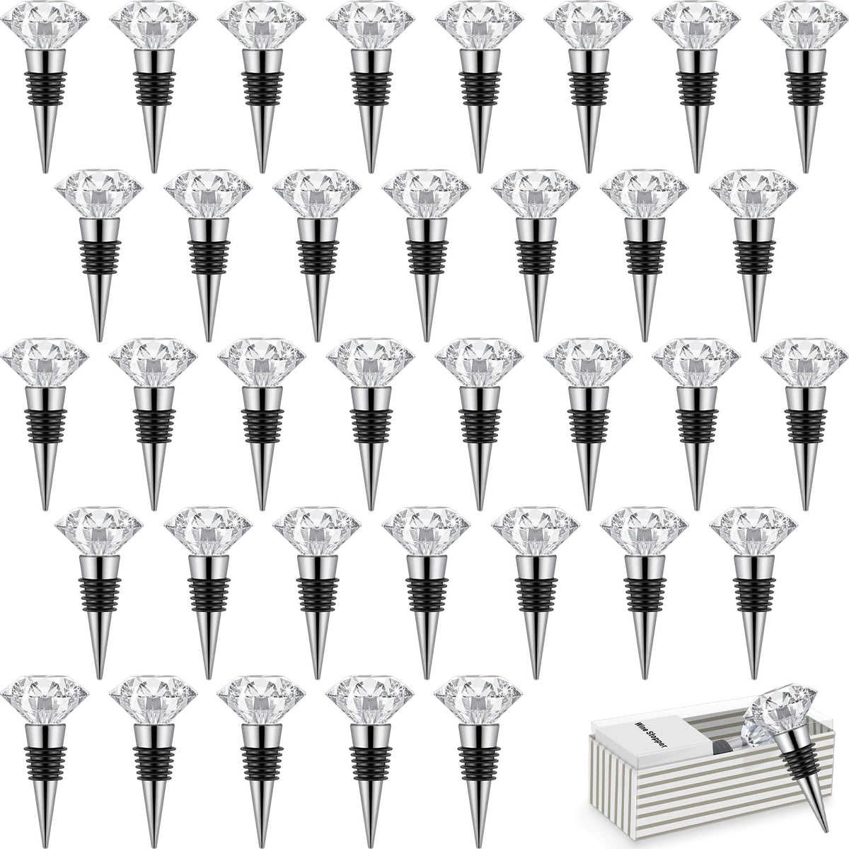 36 Pieces Crystal Wine Bottle Stopper Wine Stoppers Reusable Diamond Plug Beverage Corks Decorative Stopper Kits with Individual Present Box for Parties Wedding