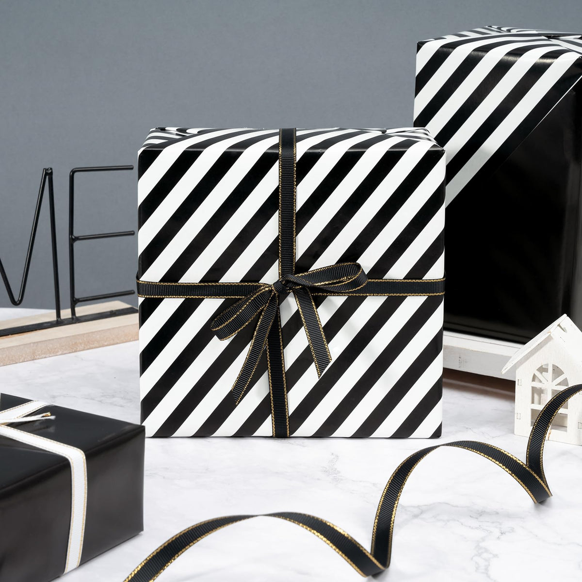 WRAPAHOLIC 30 Inch Reversible Black Wrapping Paper - Black and Stripes Wrapping Paper for Birthday, Holiday, Wedding, Baby Shower - 30 inch x 33 feet