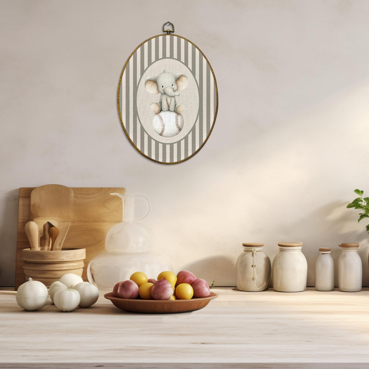 CUANFDDSF Elephant Baseball Nursery Oval Wall Art Decor, Sports Wall Hanging Decor, Neutral Striped Baseball Wild Animal Framed Canvas Prints for Kids Boy Nursery Room Bedroom Playroom, 8.6x11.4 Inch