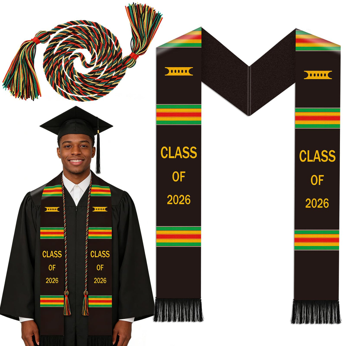 Silkovahamd Kente Black Graduation Stole - Class of 2026 Honor Cord African Pride Sash for College High School, Black Graduates College Keepsake Accessory