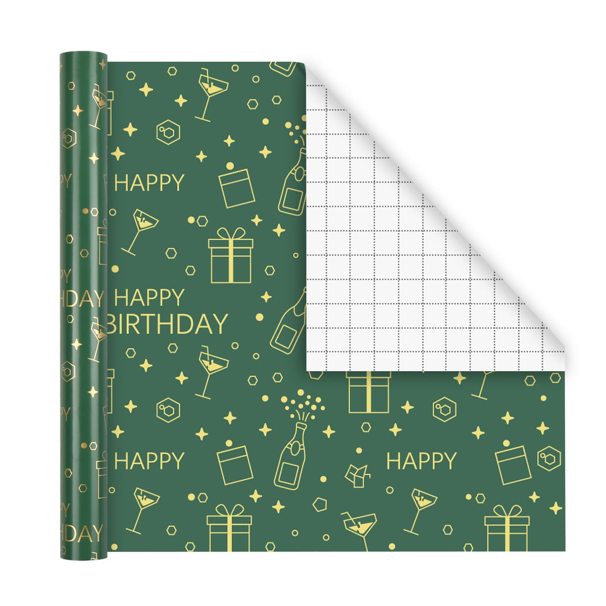 Lenpel Birthday Wrapping Paper Roll 3-Pack, 17 x 200 Inch Gift Wrap in Pink, Green & Gold, Birthday Wrapping Paper for Women, Kids and Adults, Perfect for Birthday Gift Wrapping