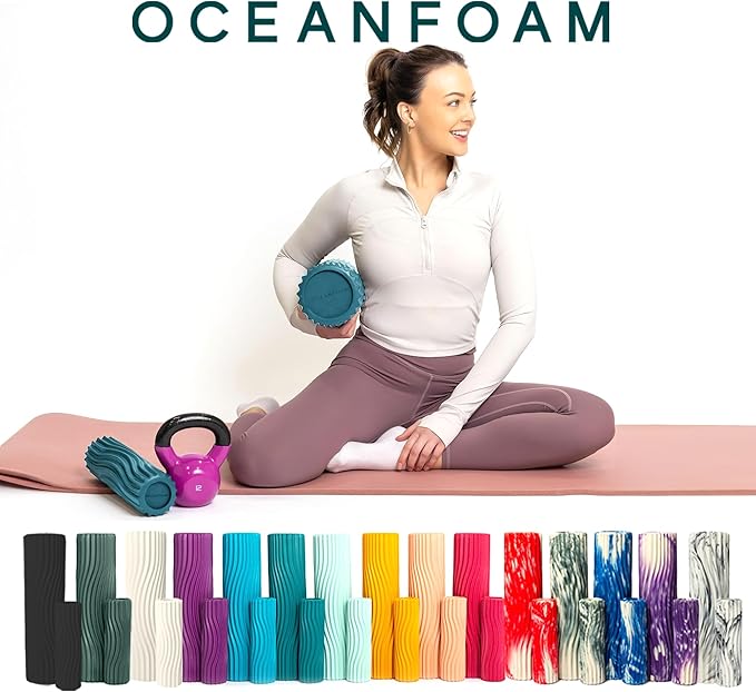 Oceanfoam Ripple Travel Foam Roller (11" x 3.35") Firm Mini Foam Roller for Physical Therapy, Deep Tissue Massage, Back Pain, High Density, Ergonomic Wave Textured, Yoga, Pilate, Exercise (Miami Blue)