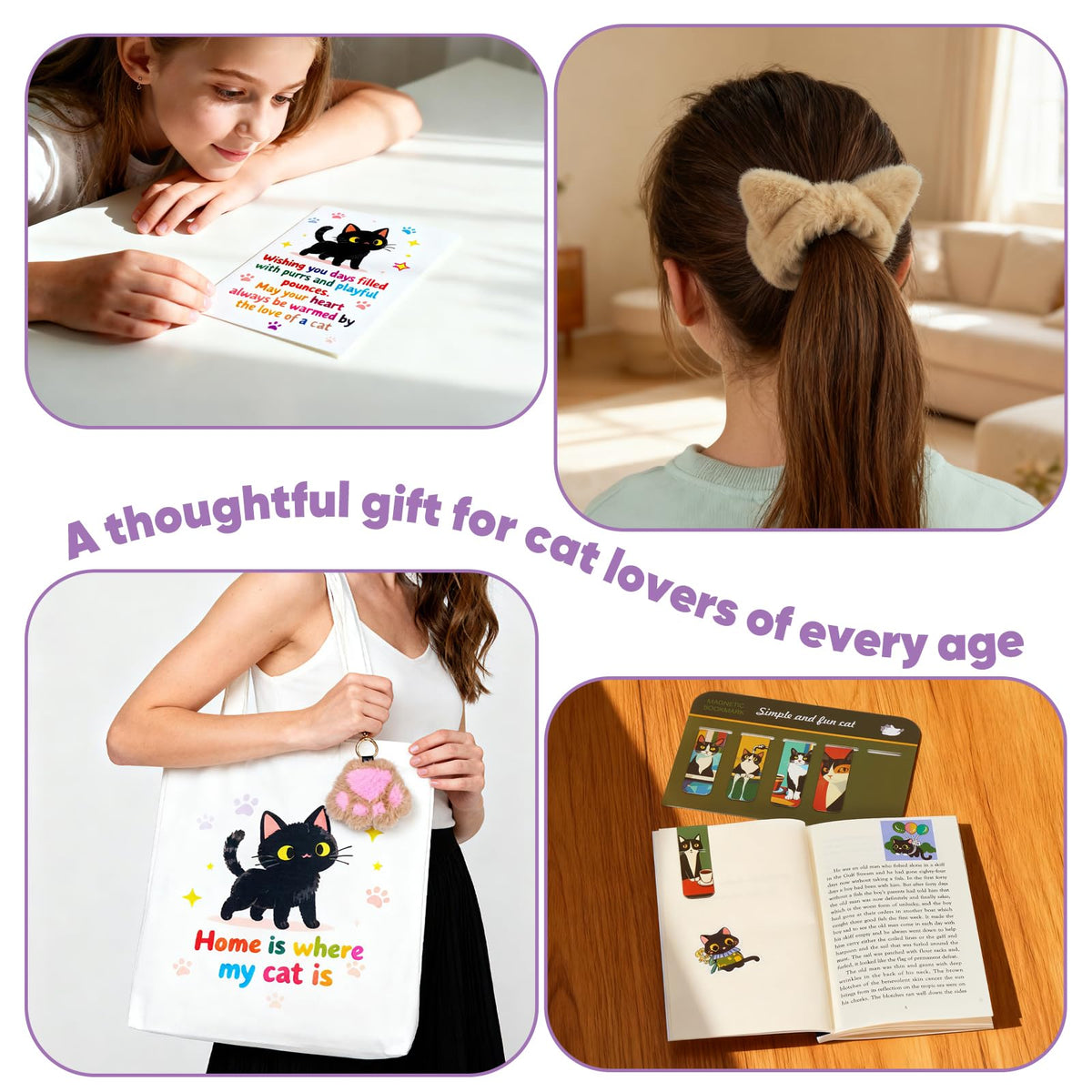 Cat Lover Gifts for Women, Valentine's Gift Box with Glass Cup, Socks, Candle, Tote Bag & Greeting Card | Unique Cat Themed Presents for Birthday, Mother’s Day gifts，
