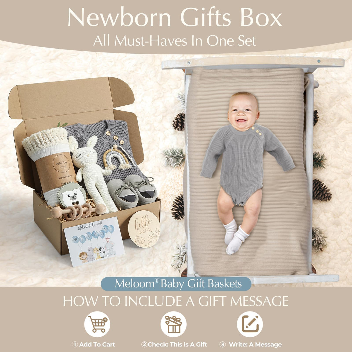 meloom Baby Gift Set, Baby Boy Newborn Gifts Box, Boho Gender Neutral Unisex Baby Essentials, Baby Shower Gifts for New Moms, New Baby Gifts for Boys, Personalized Gift Basket for New Babies
