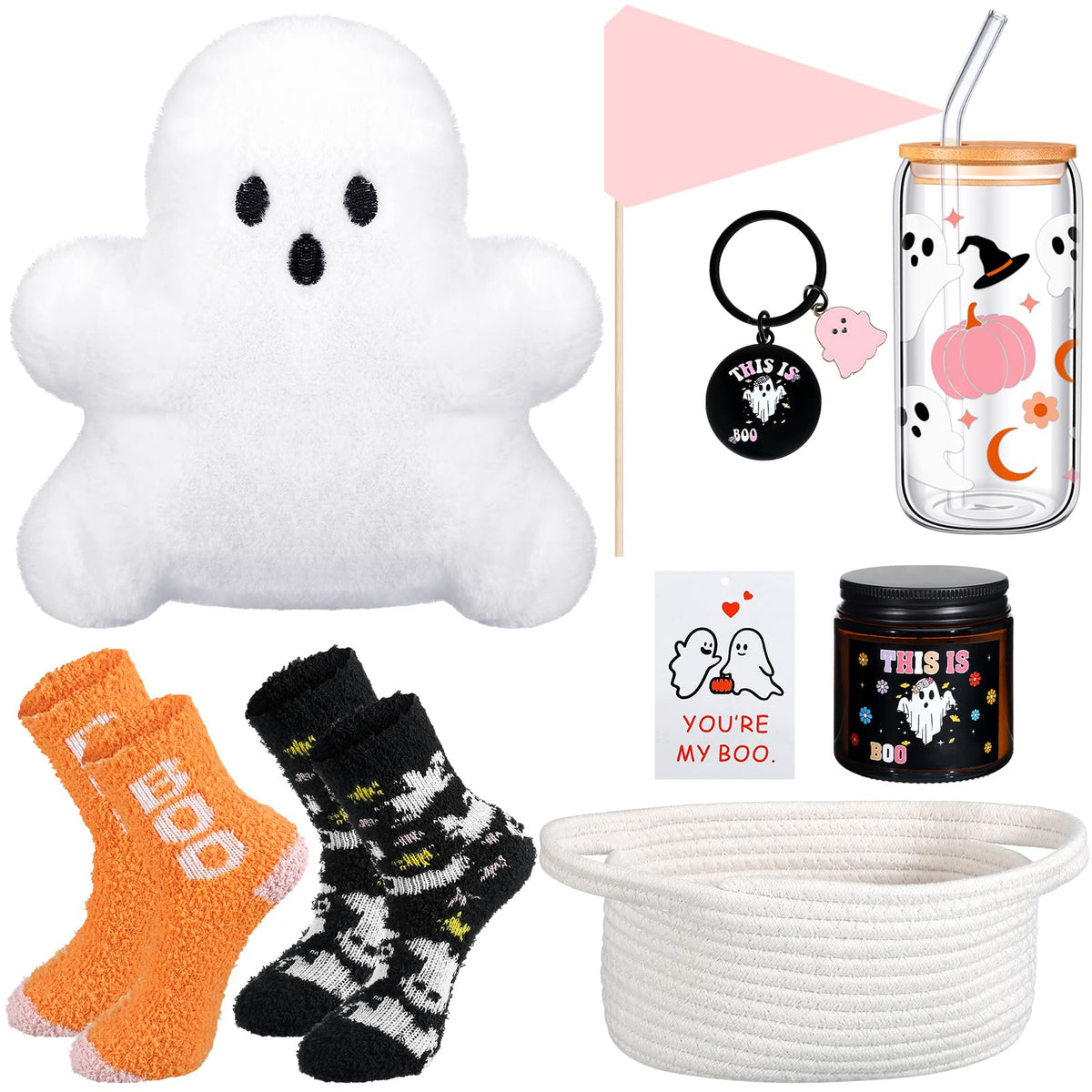 LemonRoad 9 Pcs Boo Basket Stuffers for Women Halloween Boo Basket Items Gift Set with Ghost Plush Toy Spooky Glass Cup Scented Candle Socks for Her Women Adults Wife Girlfriend Friend(Fashion)