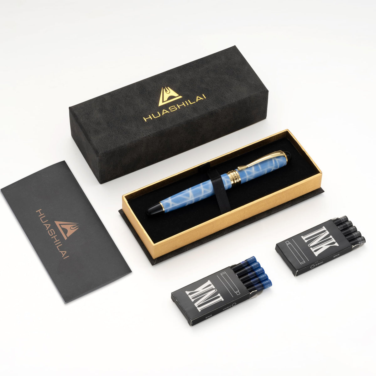 HUASHILAI Luxury Fountain Pen Set – 46g Metal Calligraphy Pen with Gift Box, 2 Ink Cartridge Sets (Black & Blue), Flex Nib Writing Pen for Beginners & Professionals (Sky Blue)