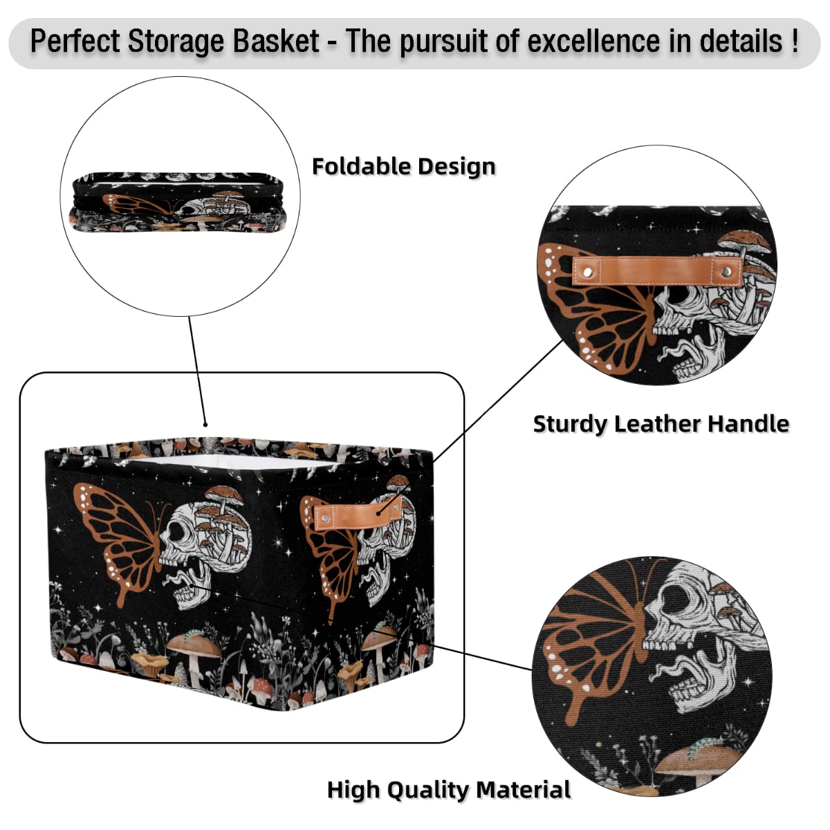 OMFUNS Skull Butterfly Storage Basket, Mushroom Star Foldable Storage Bin with Handle Fabric Rectangular Storage Box Organizer for Closet Shelf Home Office Nursery Toy Basket, 1 Pack