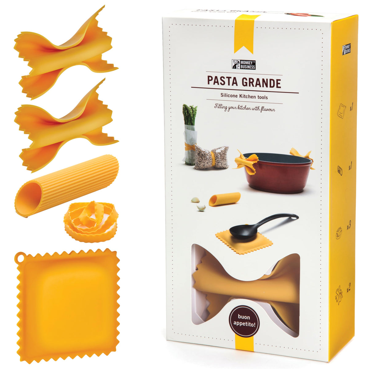 Pasta Grande - Fun Pasta Shaped Silicone Kitchen Tools in a Gift Box / 4 of our Pasta-shaped kitchen gadgets in one festive giftbox/Farfalloni, Ravioli, Penneli & Mafaldine/by Monkey Business