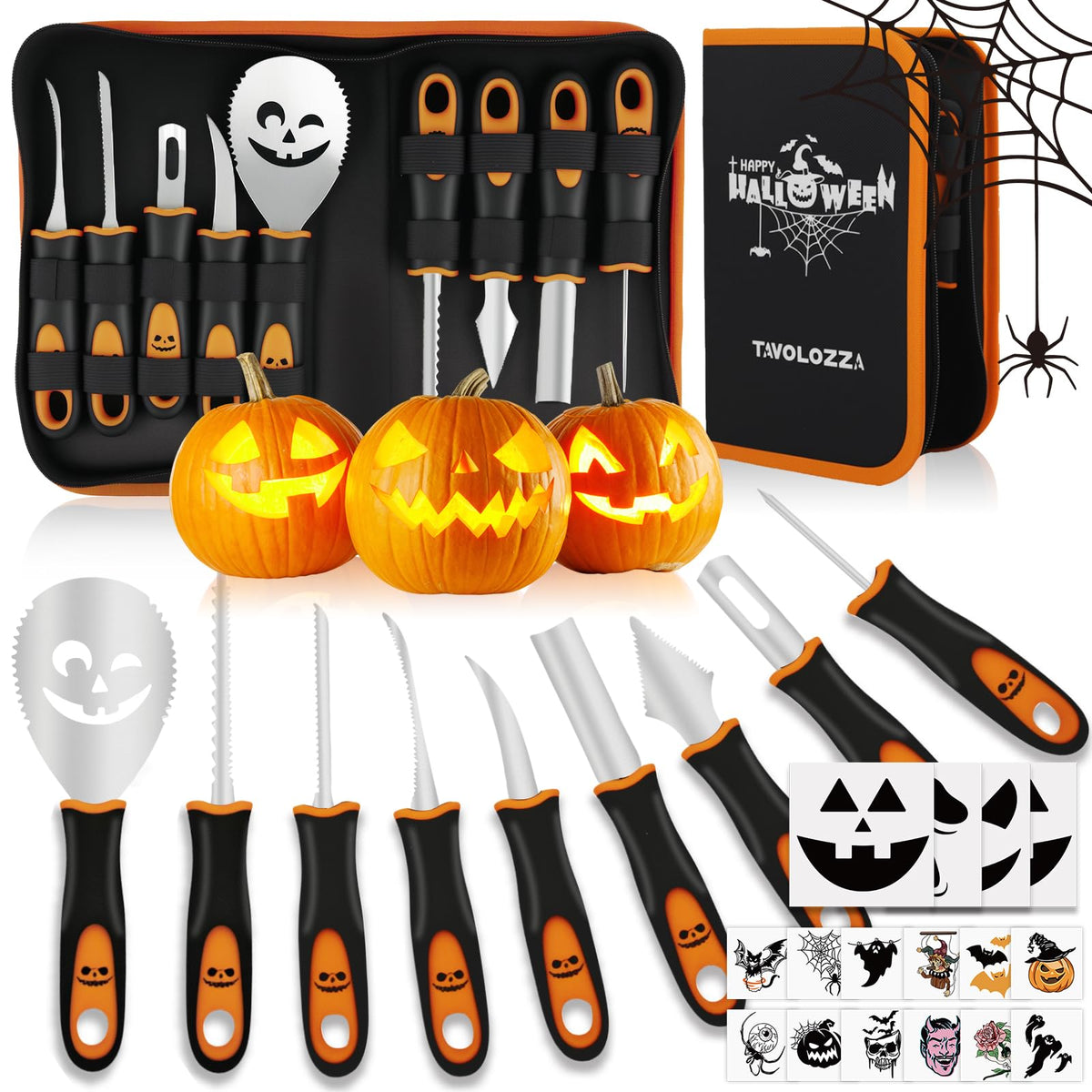 TAVOLOZZA Fine Arts Professional Pumpkin Carving Kit, 26 PCS Heavy Duty Stainless Steel Tools with 9 Knives, Saw & Scoop, Halloween Carving Set with Stencils for Adults & Kids to DIY Jack-o-Lanterns