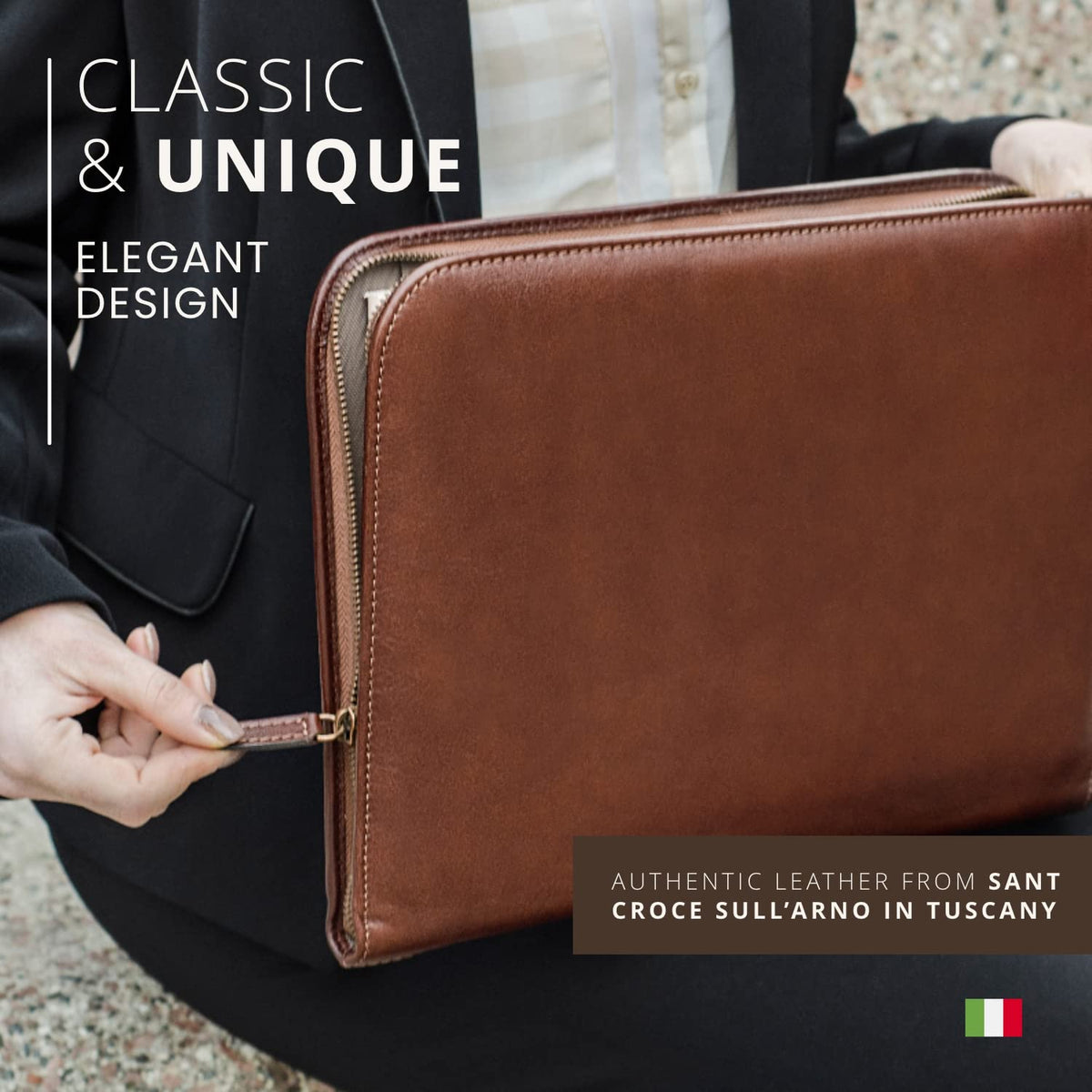 Premium Maruse Leather Portfolio Padfolio - Executive Folio for Men and Women with Zipper, Folio Document Organizer, Laptop Sleeve, iPad Case and Folder - Made in Italy, Brown