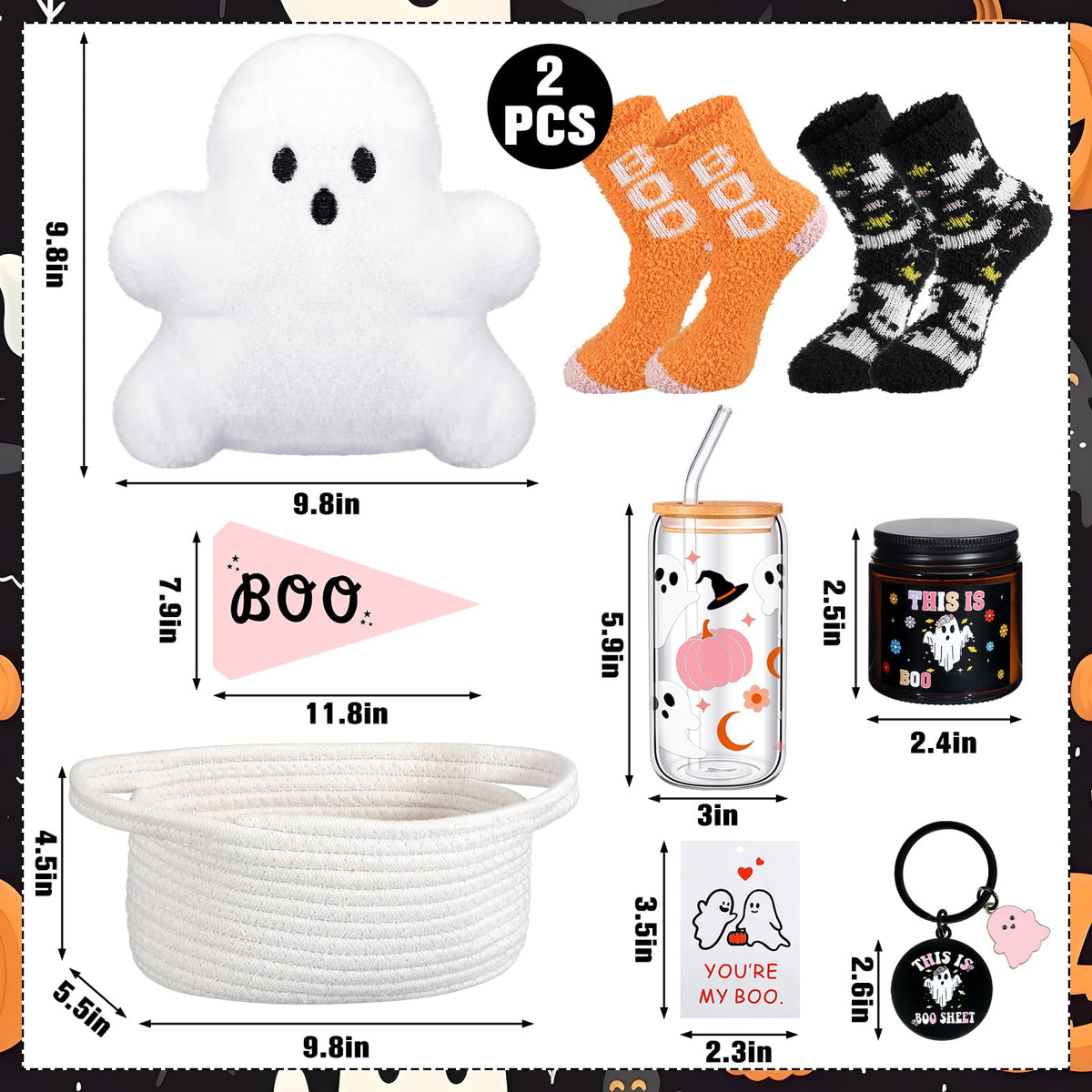 LemonRoad 9 Pcs Boo Basket Stuffers for Women Halloween Boo Basket Items Gift Set with Ghost Plush Toy Spooky Glass Cup Scented Candle Socks for Her Women Adults Wife Girlfriend Friend(Fashion)