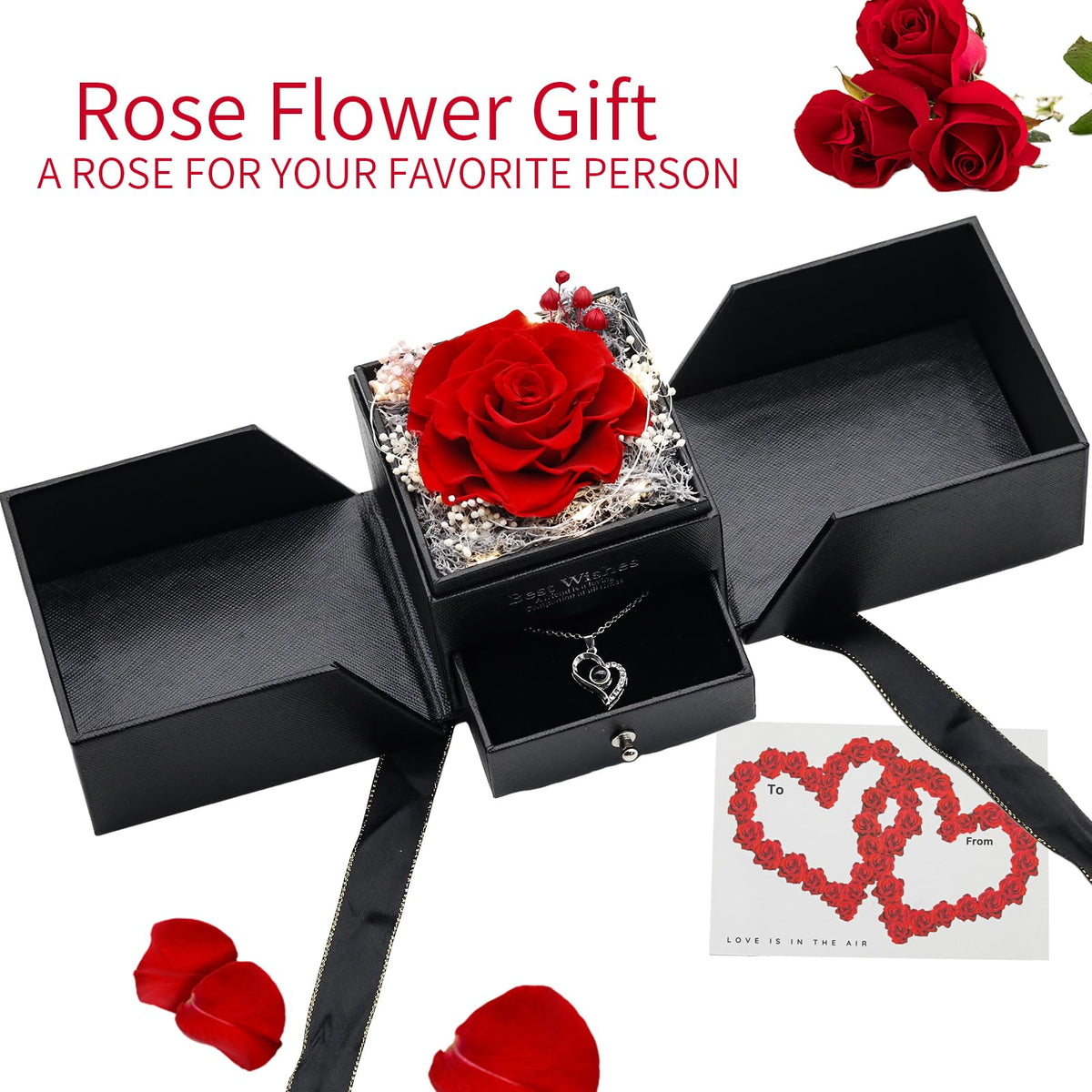 Preserved Real Rose with Heart I Love You Necklaces for Women in 100 Languages - Eternal Red Flowers Gifts for her Romantic Gift Set for Girlfriend Birthday Anniversary on Valentines Mothers Day