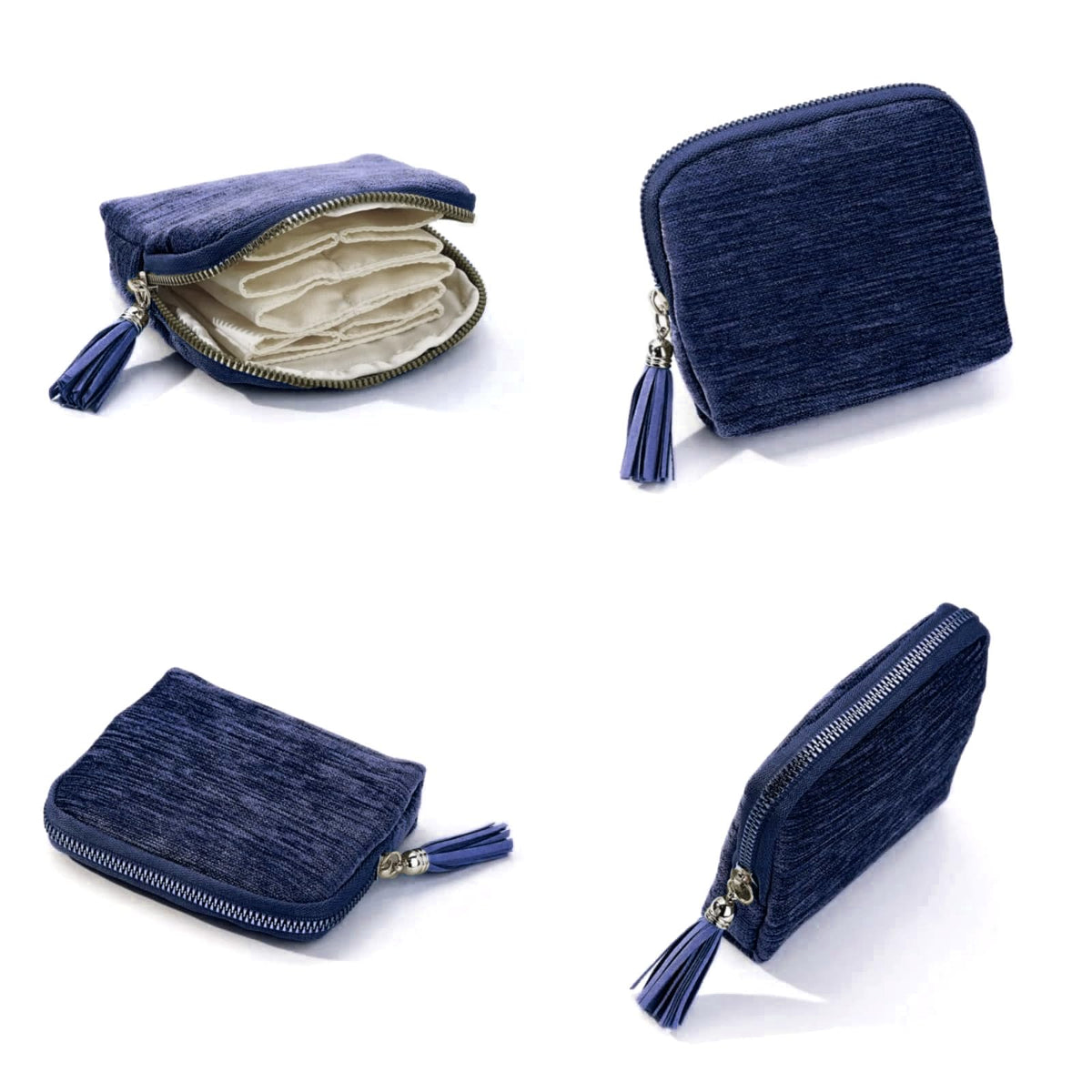 Iosjeude Small Travel Jewelry Case Organizer for Women Portable Jewelry Box with Small Pouches for Gemstones Healing Crystal Bracelets, Necklace Bangles Storage, Gift Ring Holder, Blue Tassel