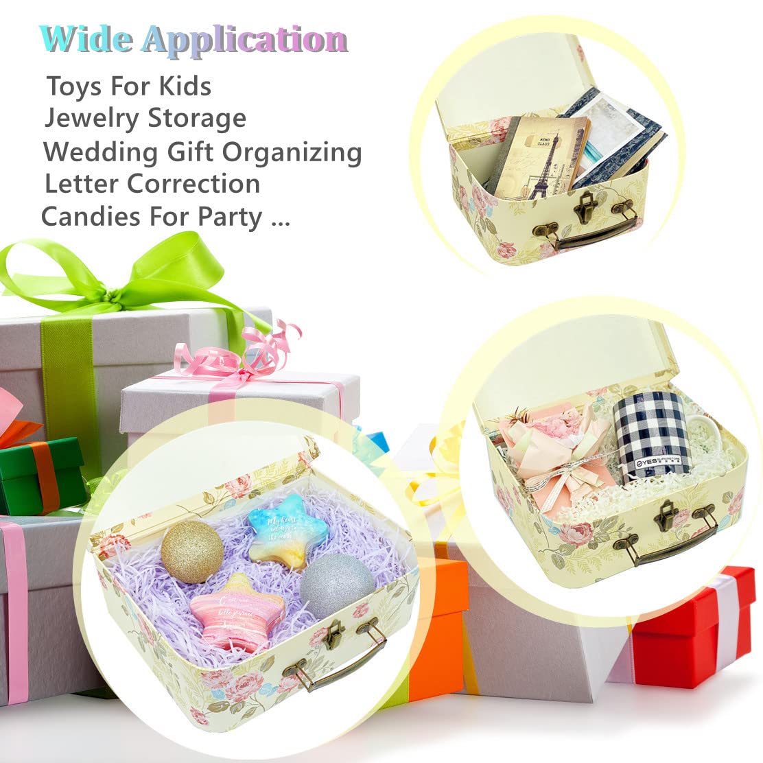 Amedoo Paperboard Suitcases(Set of 3), Gift Boxes With Lids For Presents, Photo Storage, Dolls, Perfect for Home Decoration, Baby Shower Wedding, Birthday, Christmas and New Year Decor(Yellow Flowers)