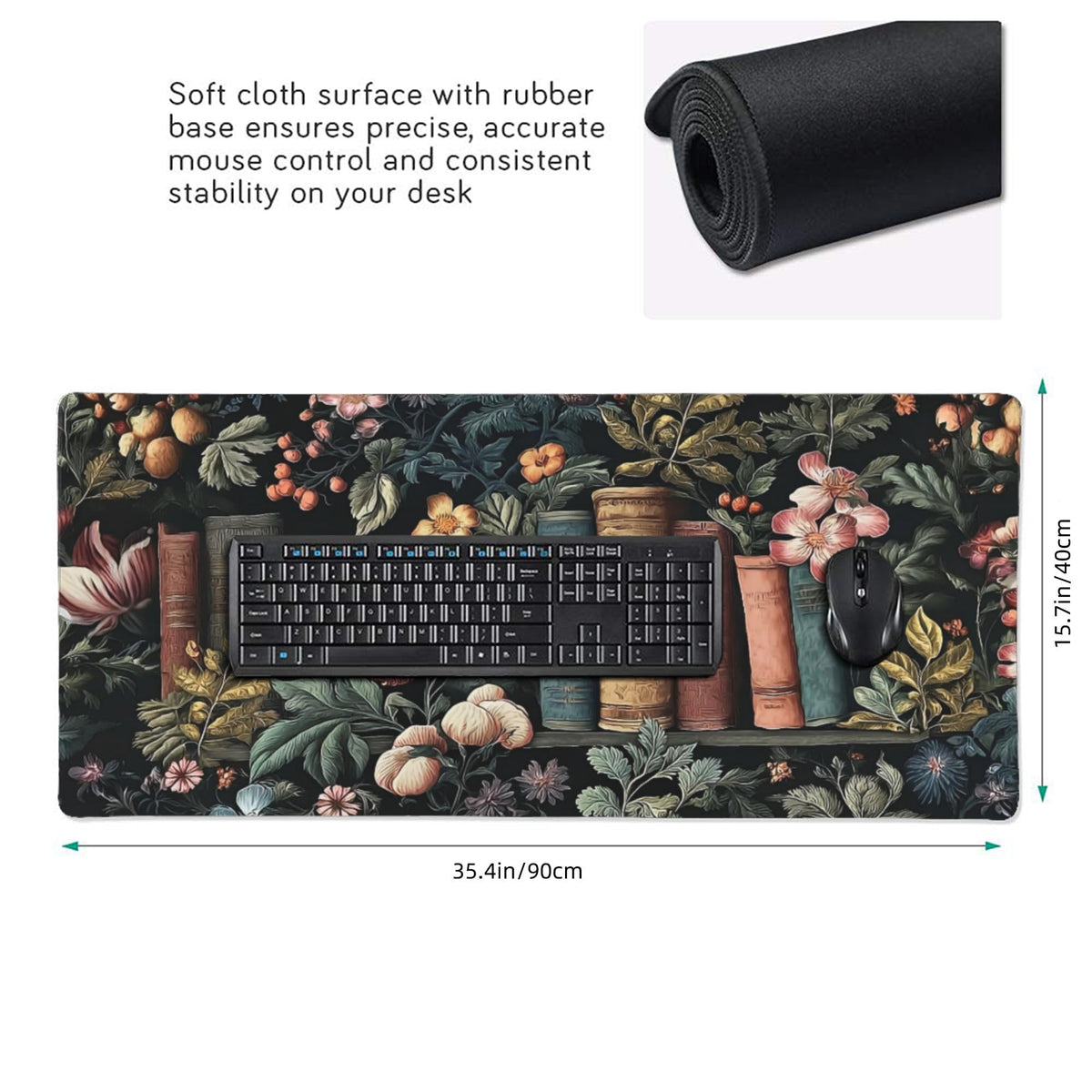 Dark Academia Desk Mat, Floral & Book Pattern XXL Mouse Pad with Anti-Slip Base & Stitched Edges, Large Desk Pad for Computer Keyboard, Office & Home Decor for Women