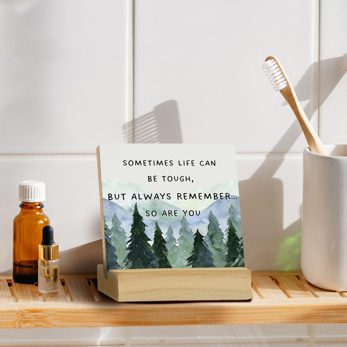 QASHWEY Inspirational Desk Decor, Motivational Desk Decor Forest Tree Wood Table Signs, Inspirational Gifts for Men Women, Sometimes Life Can be Tough Wooden Plaque with Wooden Stand for Home Office