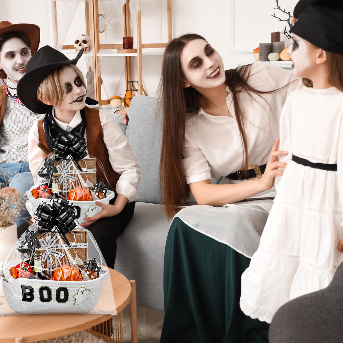 Acellegic 3 Sets Halloween Boo Basket for Gifts with Bows Ribbons Cute Boo Ghost Woven Candy Baskets Trick or Treat Bucket for Halloween Holiday Birthday Treat Wrapping Party Supplies (White)