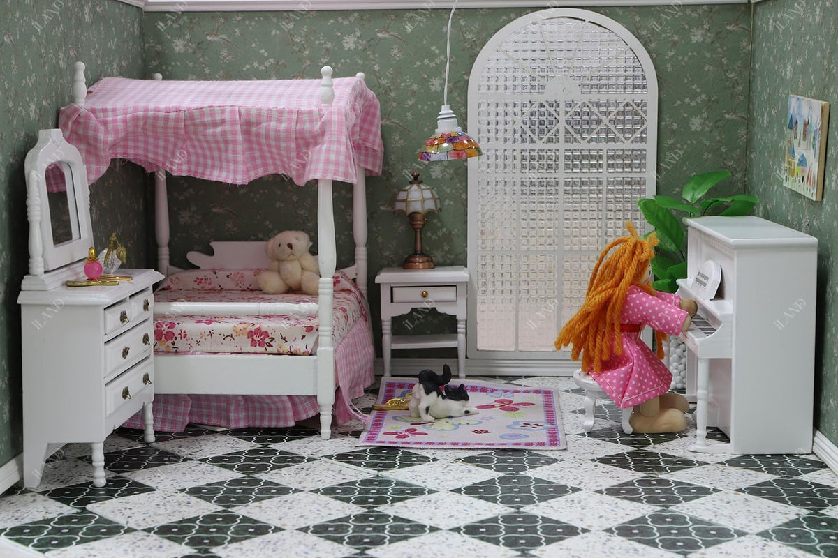 iLAND Dollhouse Furniture Bedroom Set Doll House Mini Bed for Dolls Wooden Miniature Furniture with 1 12 Scale Accessories Pink Dollhouse Accessories Decor