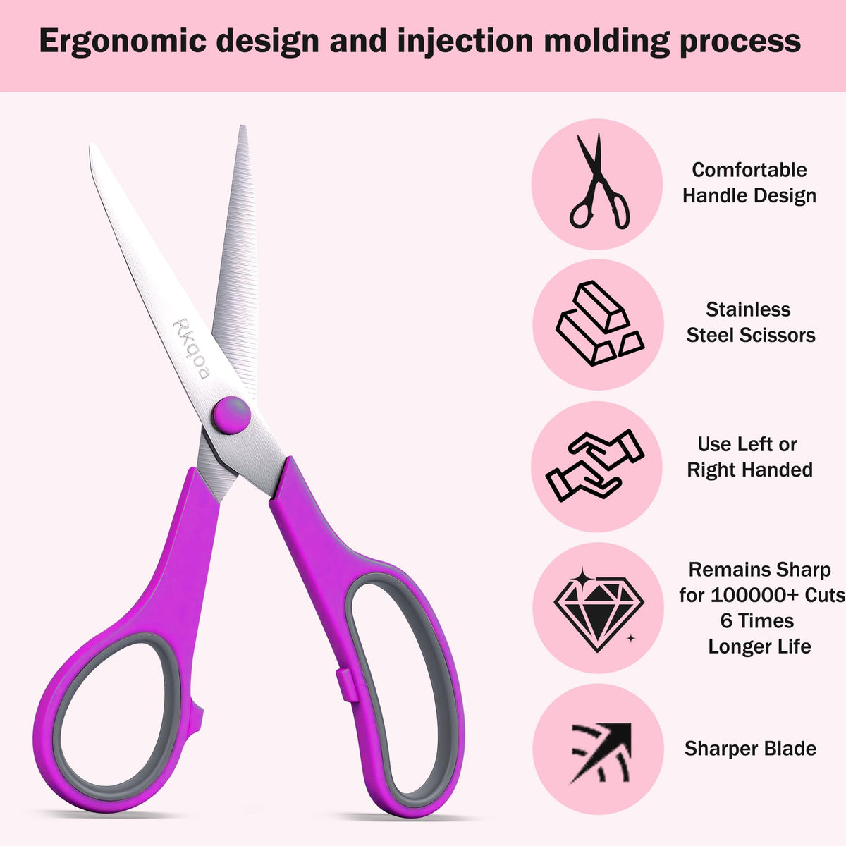 Scissors, Rkqoa 8" Scissors All Purpose 6 Pack - Comfort-Grip Sharp Scissor for Office School Adult Art Sewing Fabric Craft Supplies, Teacher/Classroom Everyday Use, Right/Left Handle
