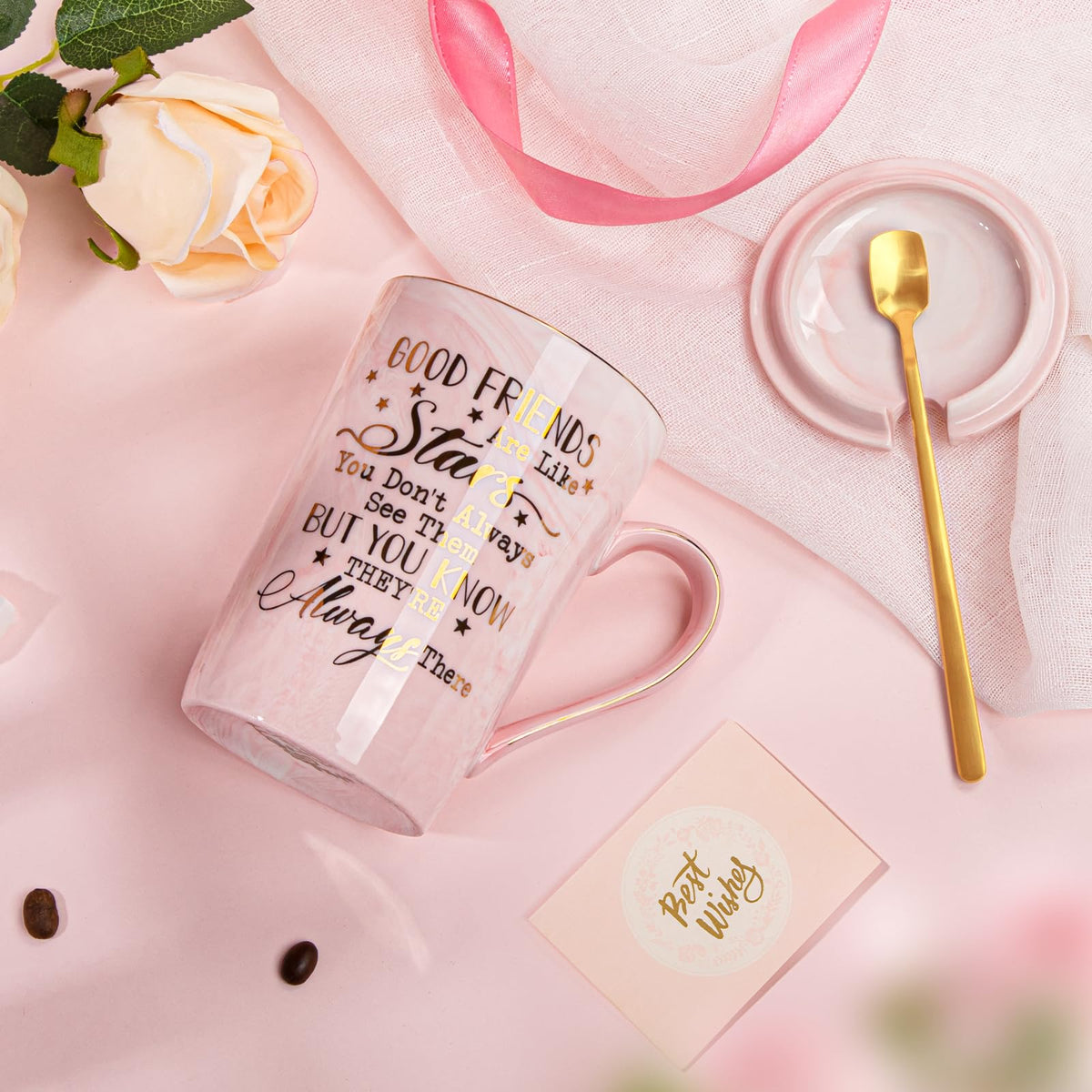 Best Friend Birthday Gifts for Women, Friendship Gifts for Women, Unique Mothers Day Birthday Gift Ideas for Her, Friends Female, Besties, BFF Ceramic Marble Coffee Mug Gift Box Printed Gold 14 oz