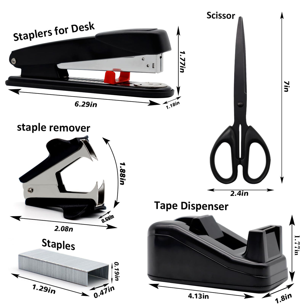 Black Office Supplies,UPIHO Black Desk Accessories,Stapler and Tape Dispenser Set for with Large Stapler,Tape Dispenser, Staple Remover, Staples, Clips,Scissor and Tabs,Gifts for Office Clerks