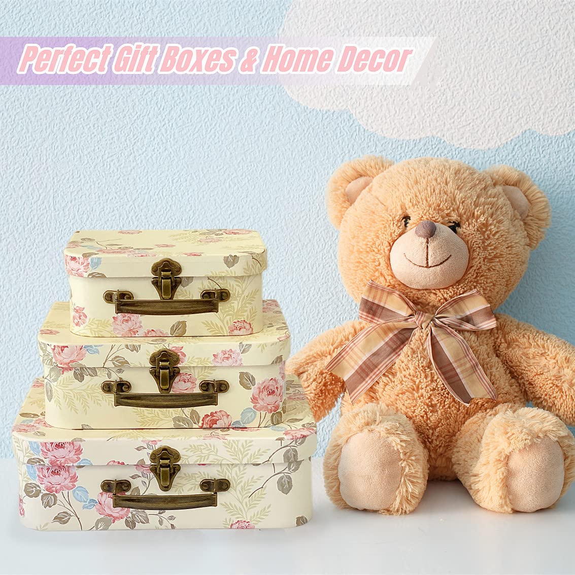 Amedoo Paperboard Suitcases(Set of 3), Gift Boxes With Lids For Presents, Photo Storage, Dolls, Perfect for Home Decoration, Baby Shower Wedding, Birthday, Christmas and New Year Decor(Yellow Flowers)