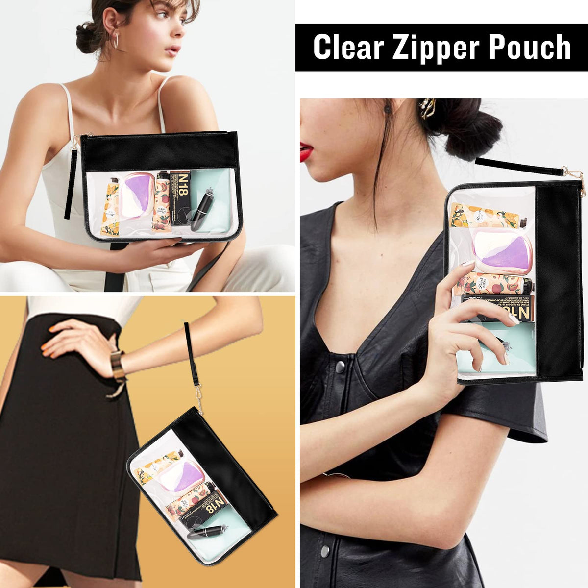 Izuzta Clear PVC Flat Pouch - Travel Makeup Bag With Wristlet, DIY Chenille Letter Bag, Waterproof Portable Toiletry Cosmetic Pouch for Women Girls (Black)