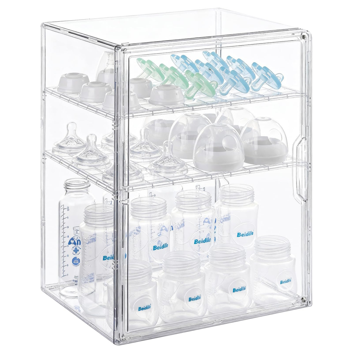 ERTIUANIO Baby Bottle Organizer – 3 Tier Bottle Storage Organizer Baby for Nipples, Pump Parts, Food Jars – Clear Acrylic Bottle Station Organizer for Countertop and Kitchen, Gifts for New Mom