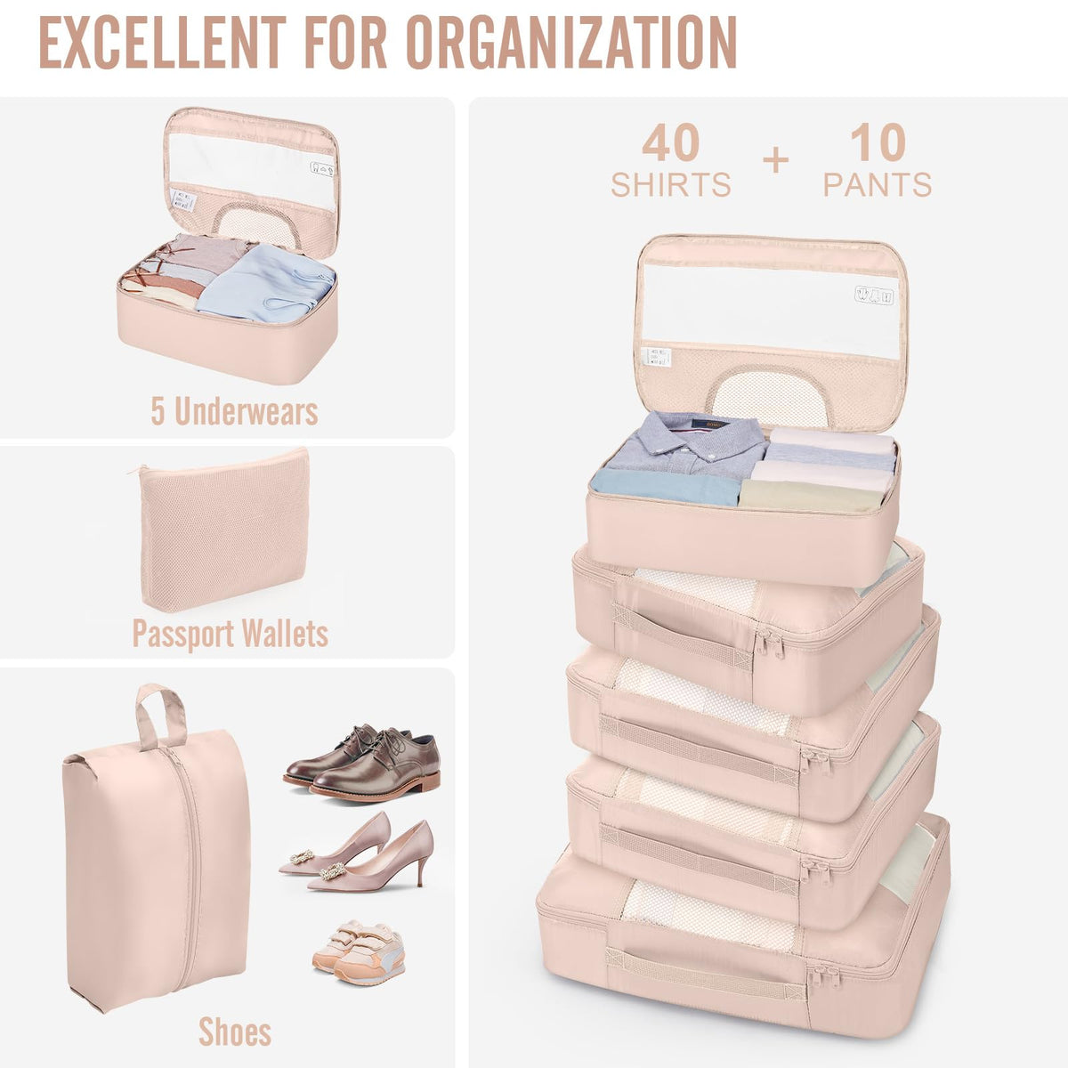Veken 10 Set Packing Cubes for Travel, Beach Vacation Essentials Accessories for Cruise Ship, Suitcase Organizer Bags for Luggage with Hanging Toiletry & Shoe Bag, Birthday Gifts for Women Mom Her