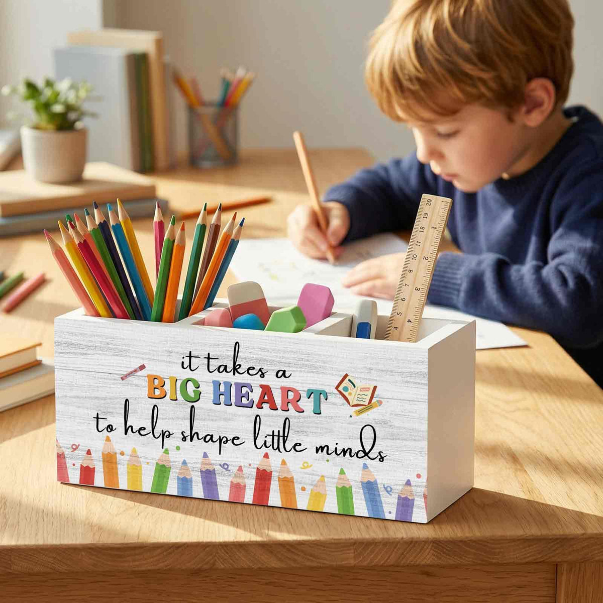 XINCEYWJ Teacher Appreciation Gifts Pencil Pen Holder for Desk Organizer, Thank You Gifts for Teachers Women Men Wooden Box Decorations for Home Office Classroom Desk Tabletop Decor