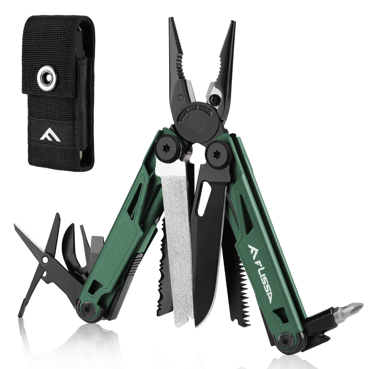 FLISSA Multitool, 15-in-1 Multi Tool Pocket Knife with Sheath, Stainless Steel EDC Multitool Pliers for Men, All-in-One Tools for Camping, Fishing, Survival