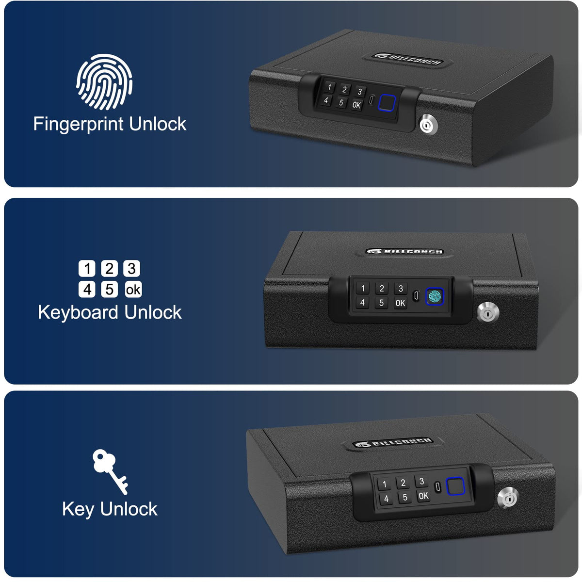 Biometric Gun Safe for Pistols 3-Ways unlock Fingerprint Digital PIN Key Unlock Handgun Safe with Sound, Lock box for Cloakroom living room Bedroom Nightstand and Car BILLCONCH