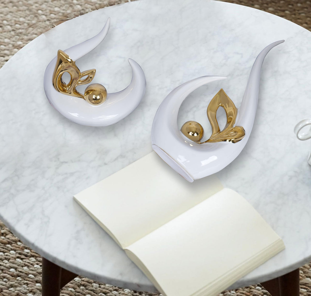 2 PCS White Gold Home Decor Accent Ceramic Statue Abstract Sculptures Centerpieces Mid Century Modern Decor for Tables Coffee Table top Decorations for Living Room Desktop Shelf Dining Room Kitchen