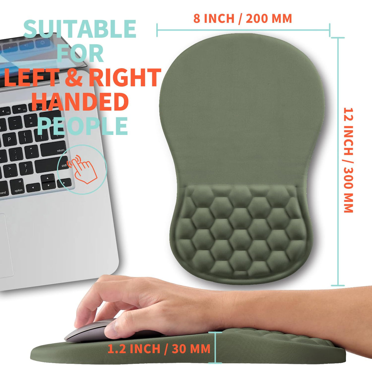 Kuosgm Ergonomic Mouse Pad Wrist Support with Memory Foam Massage Bulge, Carpal Tunnel Pain Relief Mousepad Wrist Rest for Mouse(12x8 inch,Olive Green)