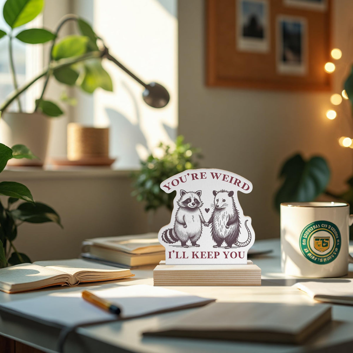 DEQSX You Are Weird I’ll Keep You Humorous Sarcastic Wooden Sign Decor, Cute Funny Raccoon Opossum Meme Shaped Wooden Sign Plaque with Stand for Home Office Desk Table Shelf Decor, Funny Office Gifts